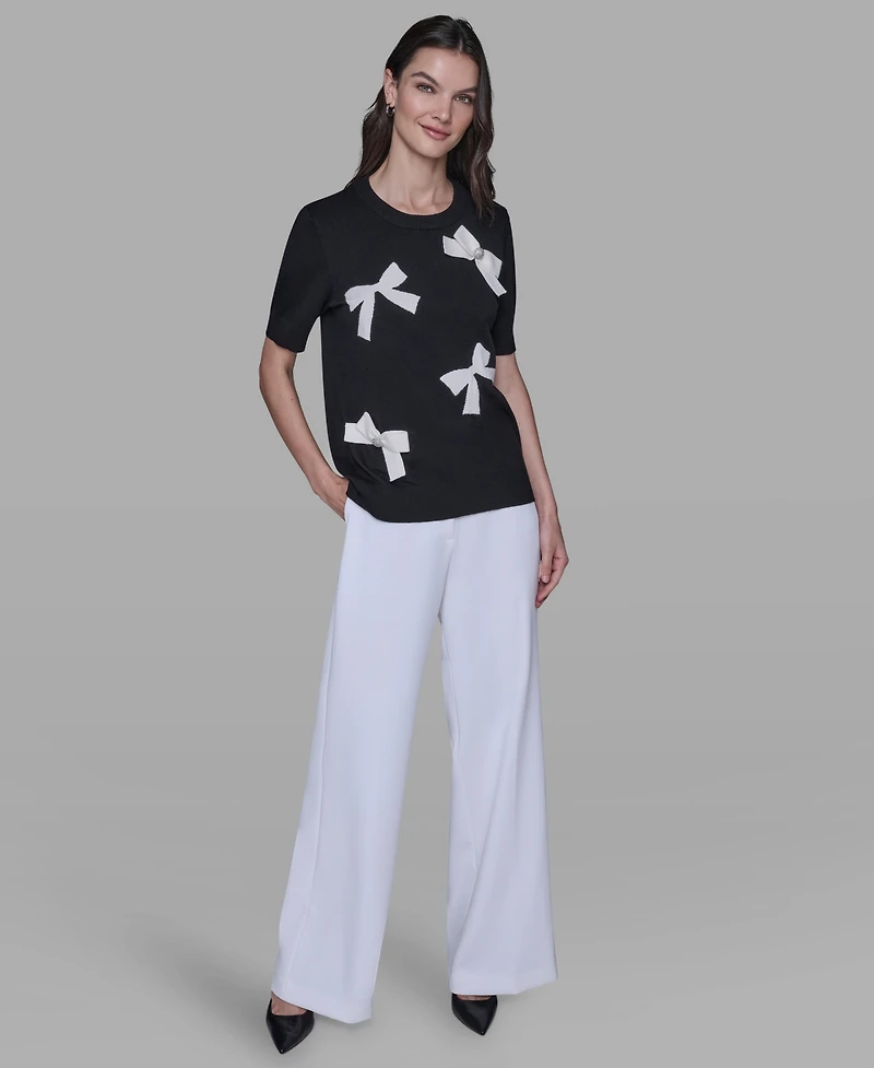 Karl Lagerfeld Paris Women's Short Sleeve Bow Applique Detail Sweater
