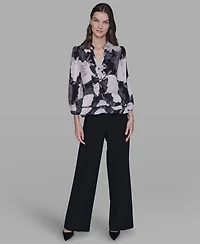 Karl Lagerfeld Paris Women's V-Neck Floral Print Ruffle Detail Top