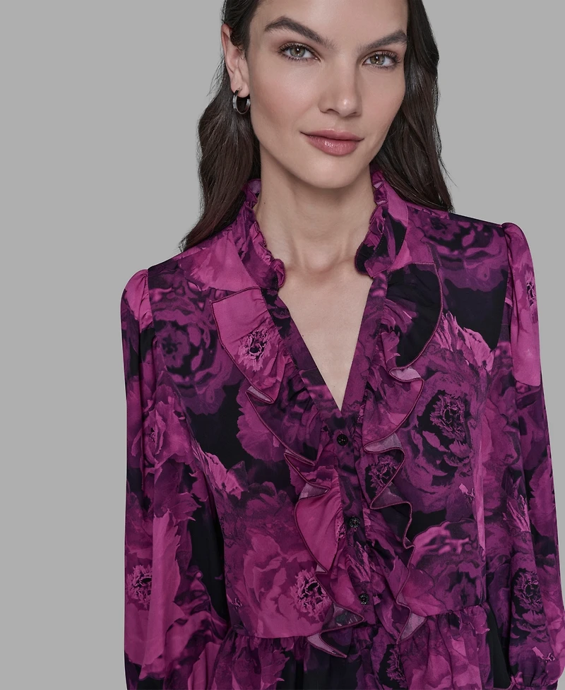 Karl Lagerfeld Paris Women's V-Neck Floral Print Ruffle Detail Top
