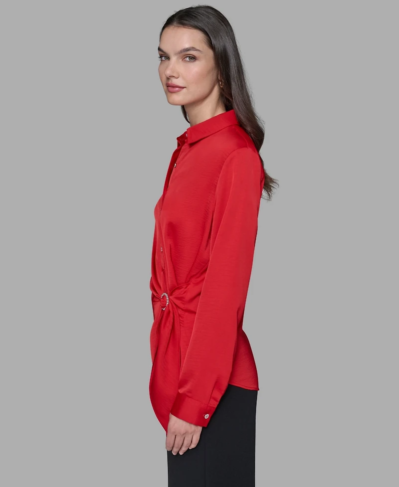 Karl Lagerfeld Paris Women's Long Sleeve Surplice Ring Detail Top