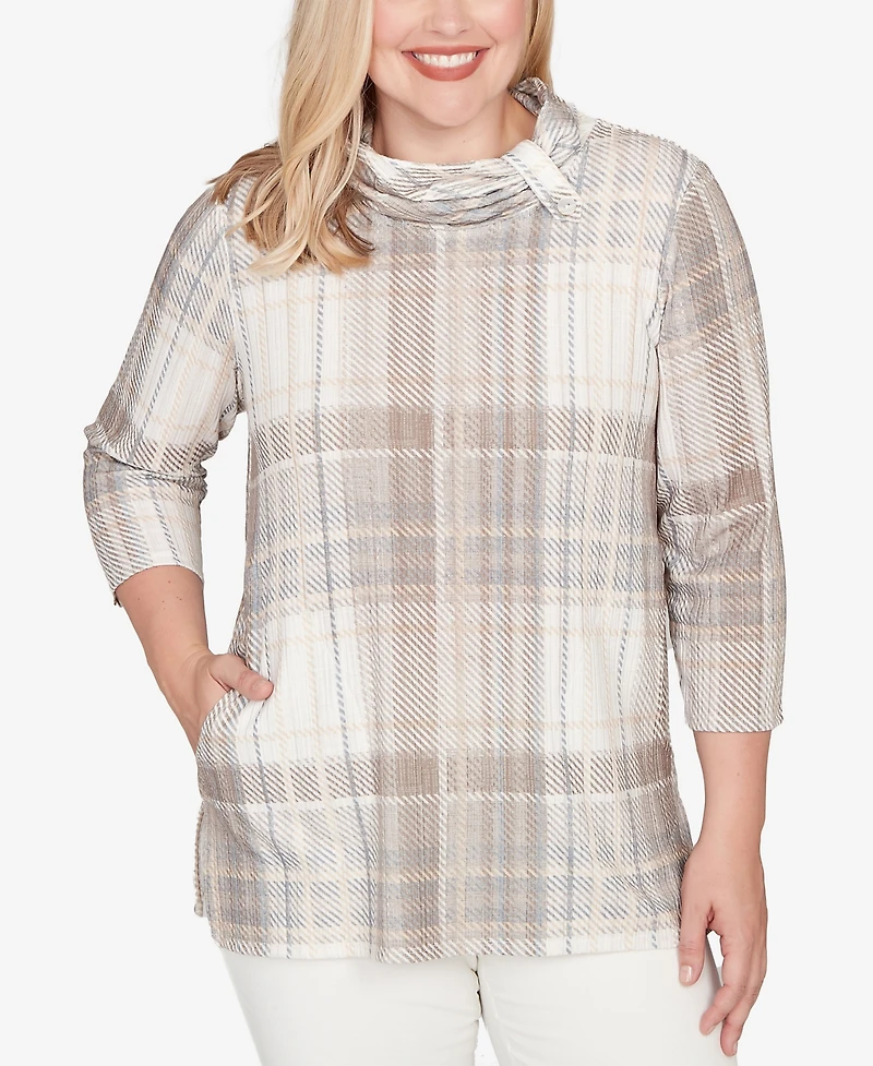 Alfred Dunner Vienna Draped Cowl Neckline Plaid Knit Top