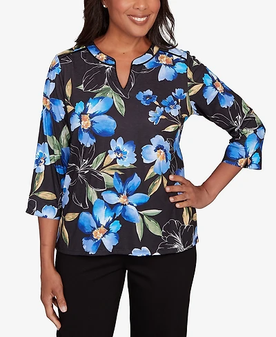 Alfred Dunner Barcelona Watercolor Floral Velvet Trim Top
