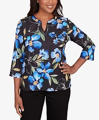 Alfred Dunner Barcelona Watercolor Floral Velvet Trim Top