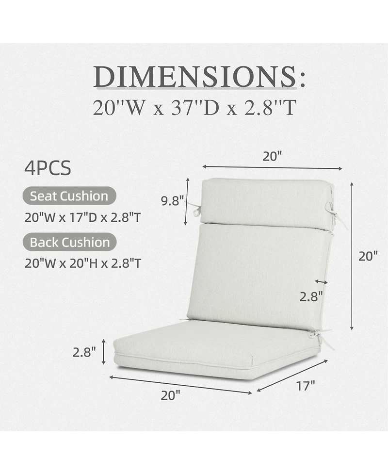 Aoodor Outdoor Dining Chair cushion Set, 37"x20"x2.8" High back with Ties and Zipper