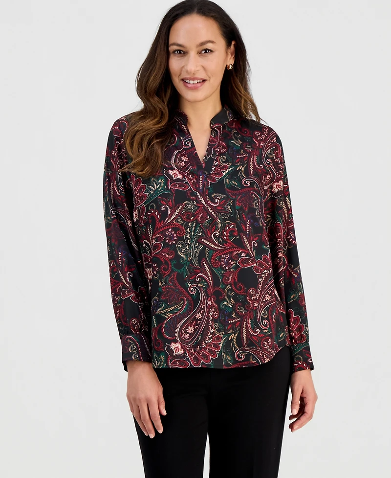Jones New York Petite Printed Long-Sleeve Blouse