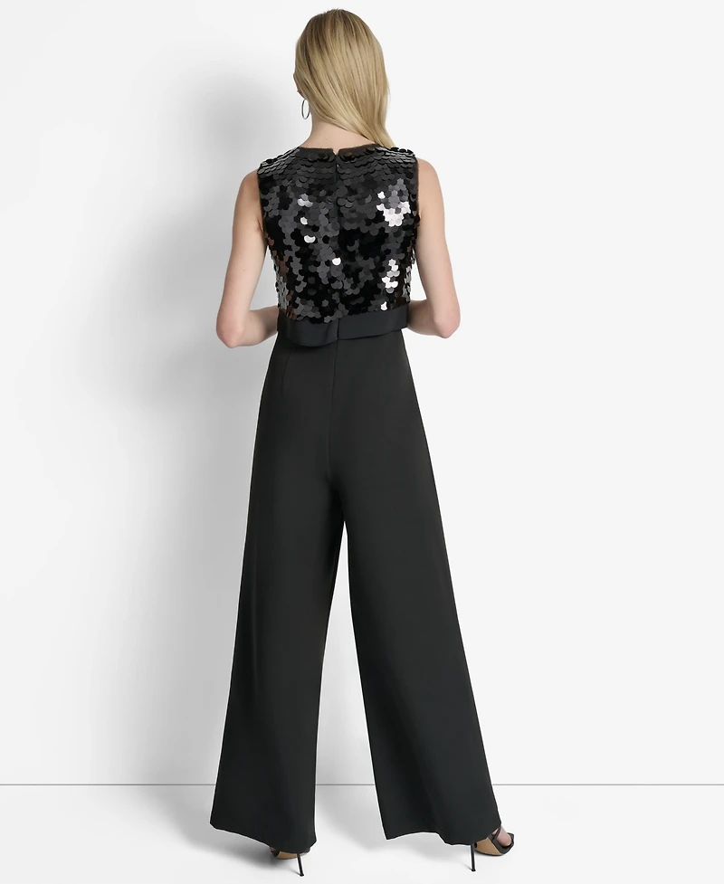 Dkny Women's Sleeveless Sequin Overlay Wide Leg Ankle Jumpsuit