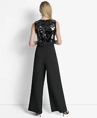 Dkny Women's Sleeveless Sequin Overlay Wide Leg Ankle Jumpsuit