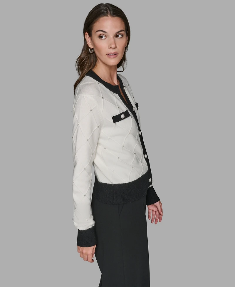 Karl Lagerfeld Paris Women's Crew Neck Front-Button Cardigan Sweater