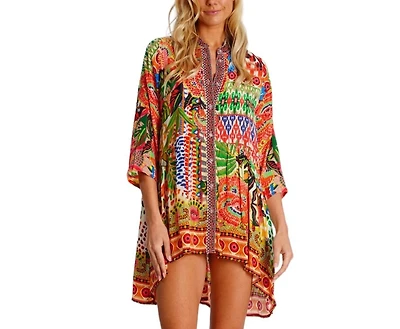 La Moda Clothing Women's Short Asymmetrical Dress with V-Neck and Mid-Length Sleeves