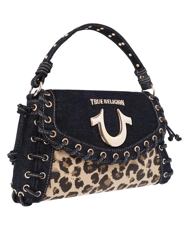 True Religion Denim Leopard Eyelet Trim Flap Bag