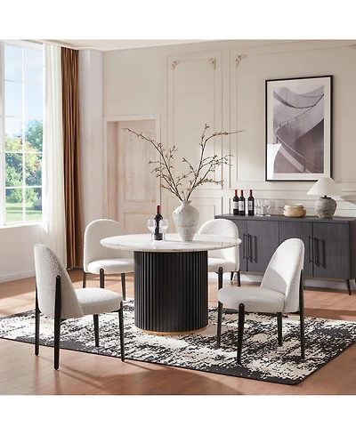 Morden Fort Luxury 5-Piece Faux Marble Round Dining Table with White Boucle Chairs Metal Legs Dining Room Set for Kitchen