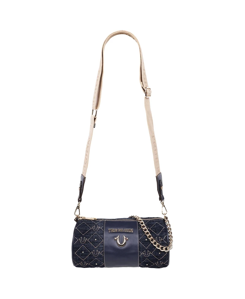 True Religion Studded Denim Zip Top Barrel Bag