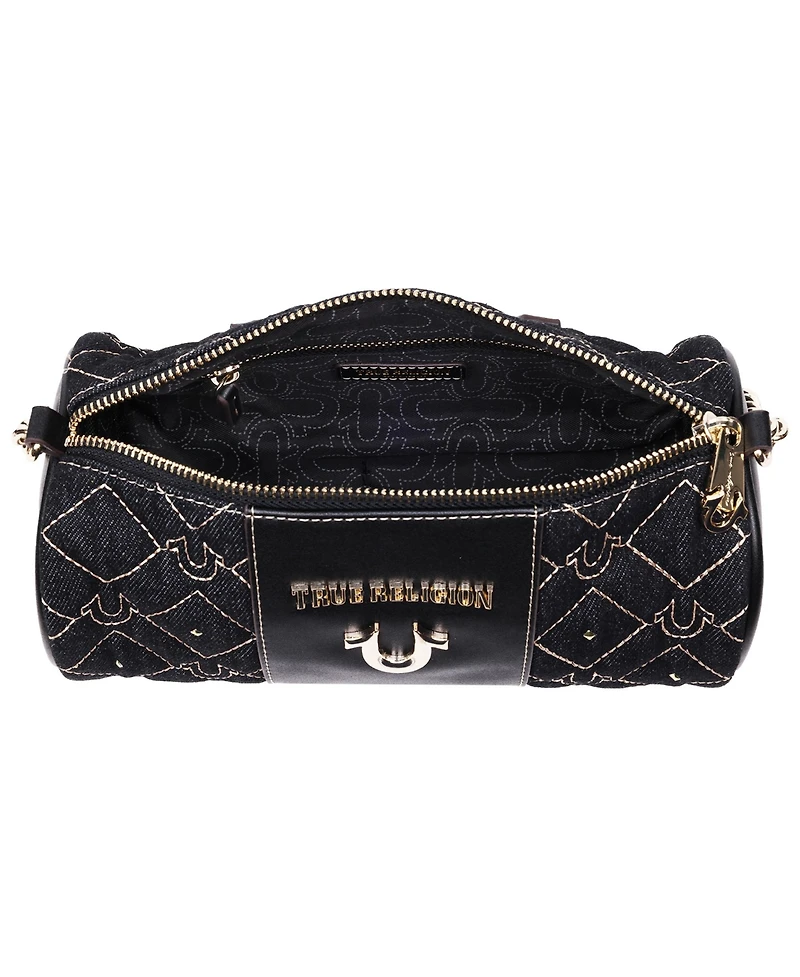 True Religion Studded Denim Zip Top Barrel Bag