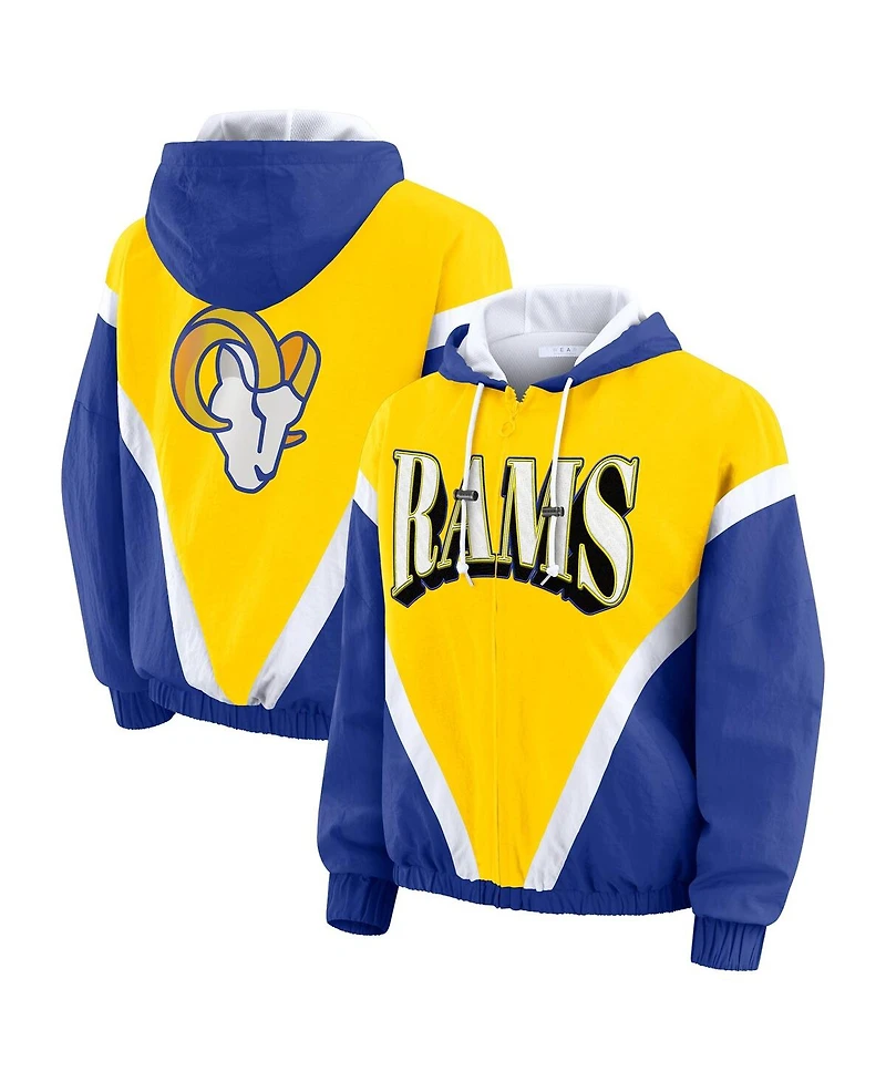 Wear by Erin Andrews Women's Gold/Royal Los Angeles Rams Retro Crinkle Full-Zip Hoodie Windbreaker Jacket