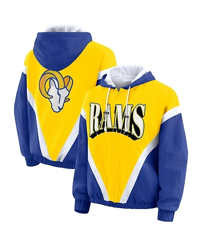 Wear by Erin Andrews Women's Gold/Royal Los Angeles Rams Retro Crinkle Full-Zip Hoodie Windbreaker Jacket