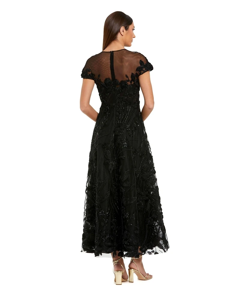 Mac Duggal Women's Embellished Lace Illusion Neck A-Line Midi Dress