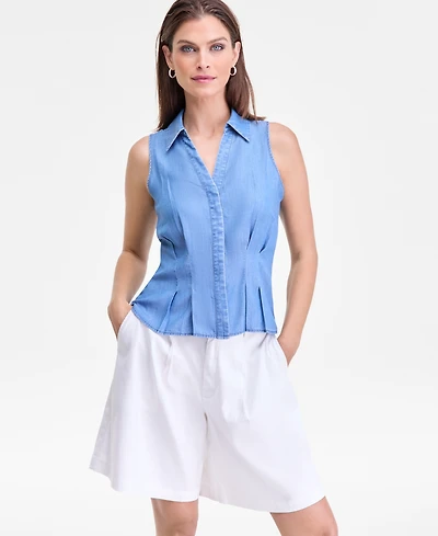 I.n.c. International Concepts Women's Chambray Seamed-Waist Sleeveless Shirt, Macy's Exclusive