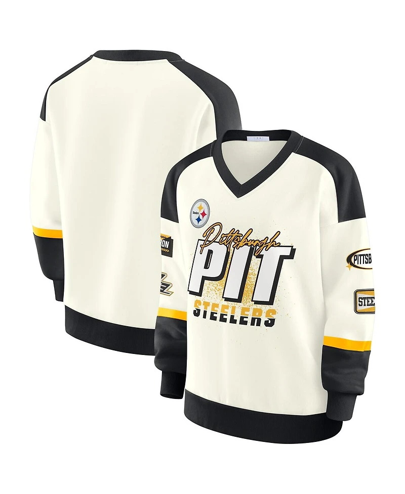 Wear by Erin Andrews Women's Cream Pittsburgh Steelers Racing Crew V-Neck Sweatshirt
