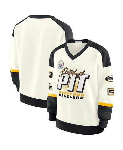 Wear by Erin Andrews Women's Cream Pittsburgh Steelers Racing Crew V-Neck Sweatshirt