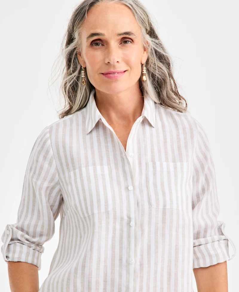 Charter Club Women's 100% Linen Stripe Roll-Tab-Sleeve Shirt, Macy's Exclusive