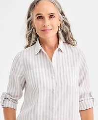 Charter Club Women's 100% Linen Stripe Roll-Tab-Sleeve Shirt, Macy's Exclusive