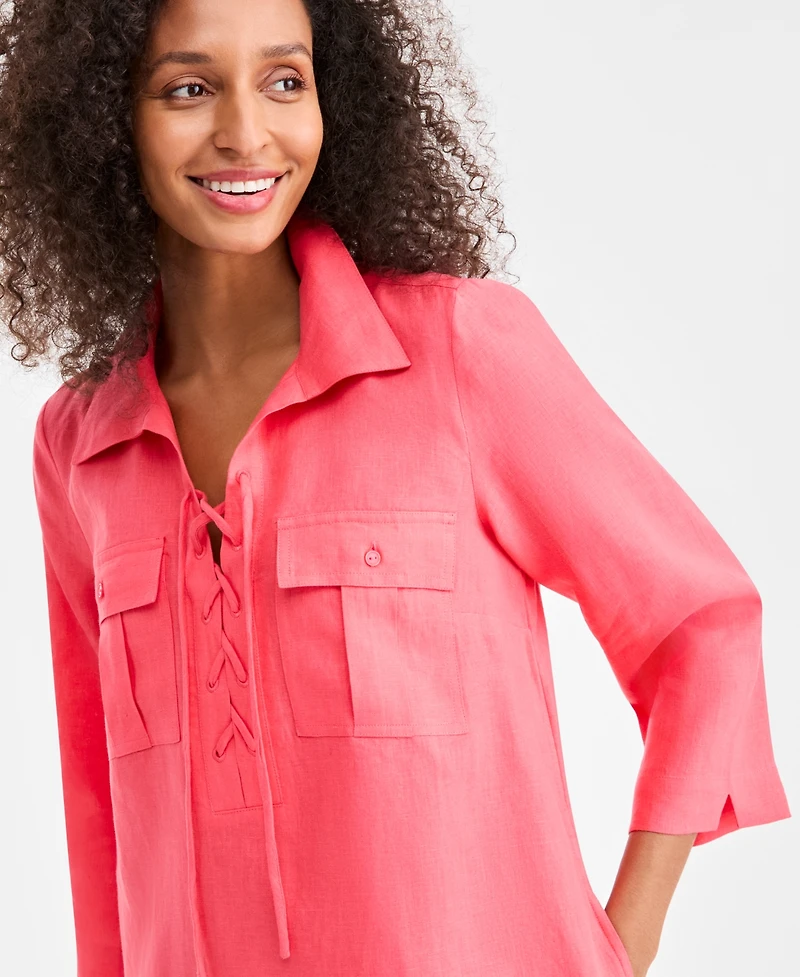 Charter Club Women's 100% Linen Lace-Up 3/4-Sleeve Utility Dress, Macy's Exclusive