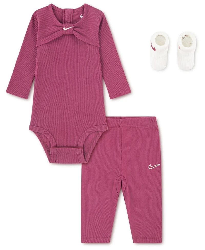 Nike Baby Girls 3-Piece Ribbed Bow Bodysuit Boxed Set