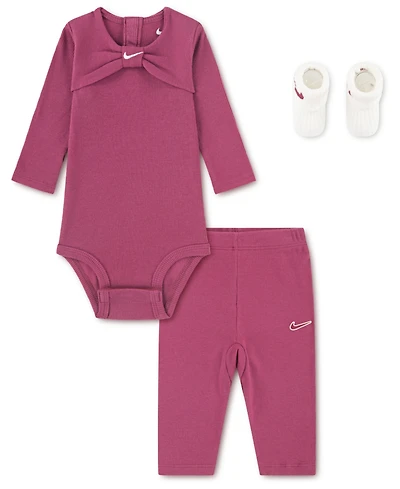 Nike Baby Girls 3-Piece Ribbed Bow Bodysuit Boxed Set