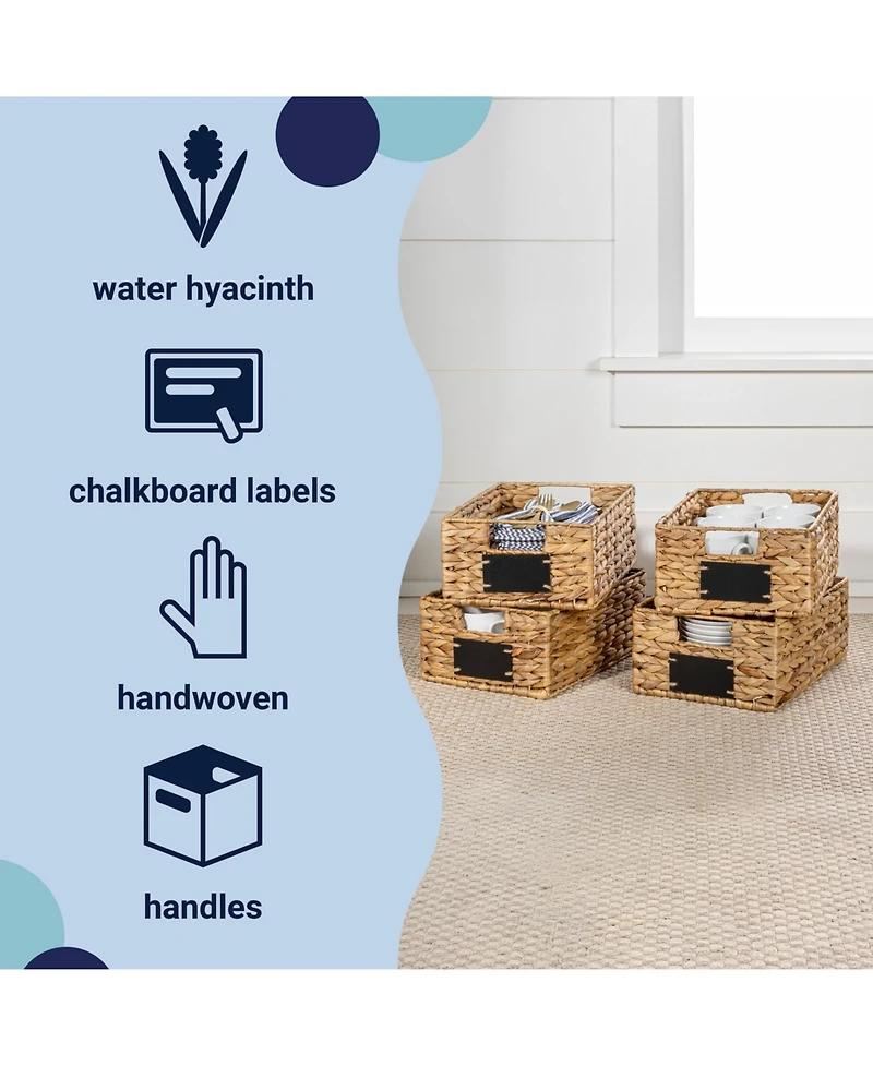12" Hand-Woven Hyacinth Pantry Baskets with Chalkboard Labels and Handles (Set of 4)