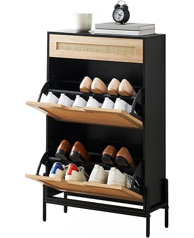 Shoe Storage Cabinet with 2 Flip Doors and Drawers, Rattan Shoe Organizer with Metal Legs and Adjustable Shelf, Freestanding Shoe Rack Cabinet