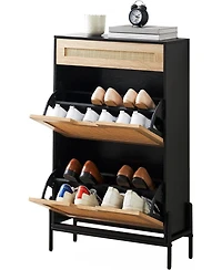 Shoe Storage Cabinet with 2 Flip Doors and Drawers, Rattan Shoe Organizer with Metal Legs and Adjustable Shelf, Freestanding Shoe Rack Cabinet