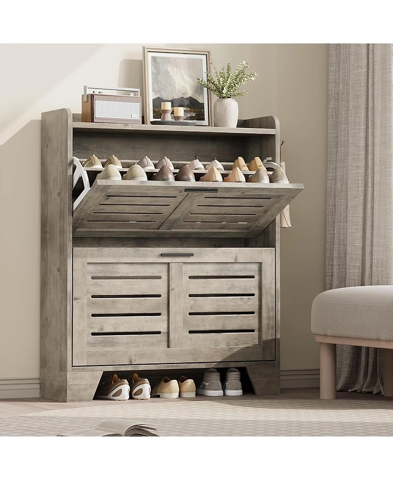 Shoe Storage Cabinet with 2 Flip Drawers, Narrow Shoe Cabinet for Entryway, Freestanding Hidden Slim Shoe Organizer Cabinet with Hooks, Gray