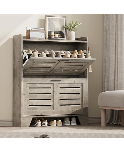 Shoe Storage Cabinet with 2 Flip Drawers, Narrow Shoe Cabinet for Entryway, Freestanding Hidden Slim Shoe Organizer Cabinet with Hooks, Gray