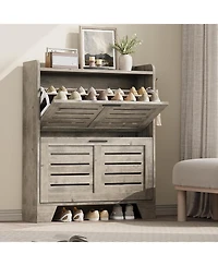 Shoe Storage Cabinet with 2 Flip Drawers, Narrow Shoe Cabinet for Entryway, Freestanding Hidden Slim Shoe Organizer Cabinet with Hooks, Gray