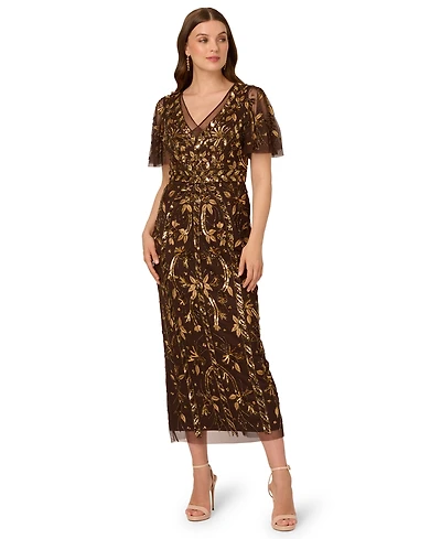 Adrianna Papell Women's V-Neck Embellished Flutter-Sleeve Dress