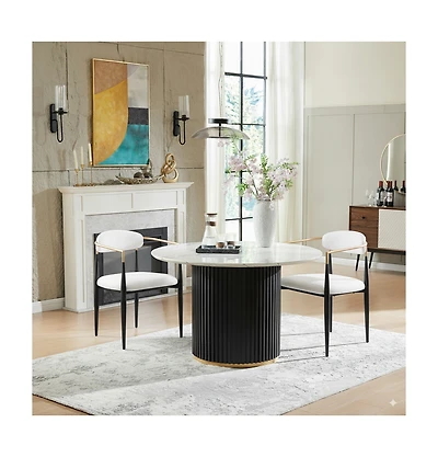 Morden Fort Modern Faux Marble Dining Set With 47" Round Table And 2 Boucle Armchairs for Dining Room Kitchen