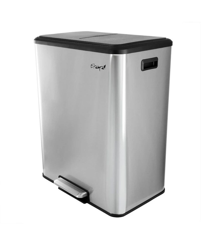 Elama 60 Liter 2 Compartment Large 8 Gallon Split Stainless Steel Step Trash Bin with Slow Close Mechanism