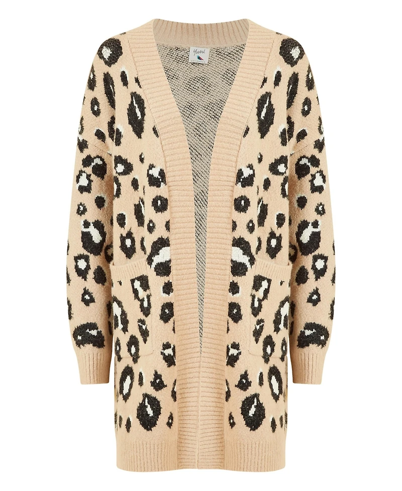 Yumi Women's leopard print Intarsia Long Cardigan