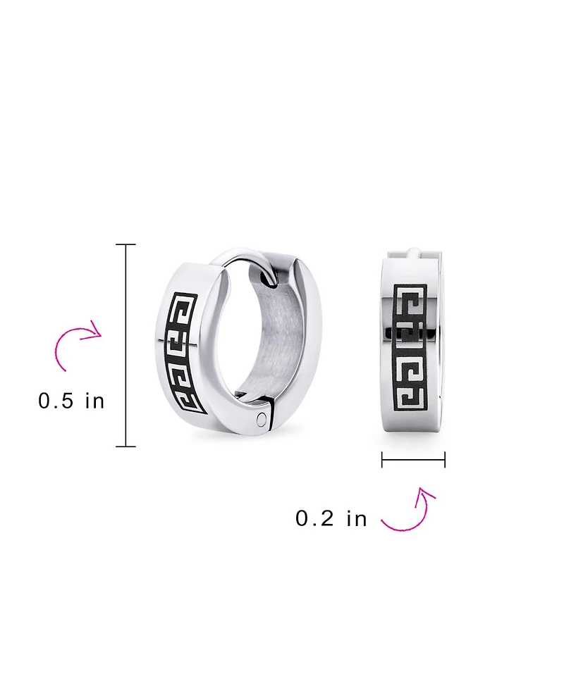 Bling Jewelry Set of 2 Greek Key Pattern Hoop Huggie Earrings Black Silver Stainless Steel