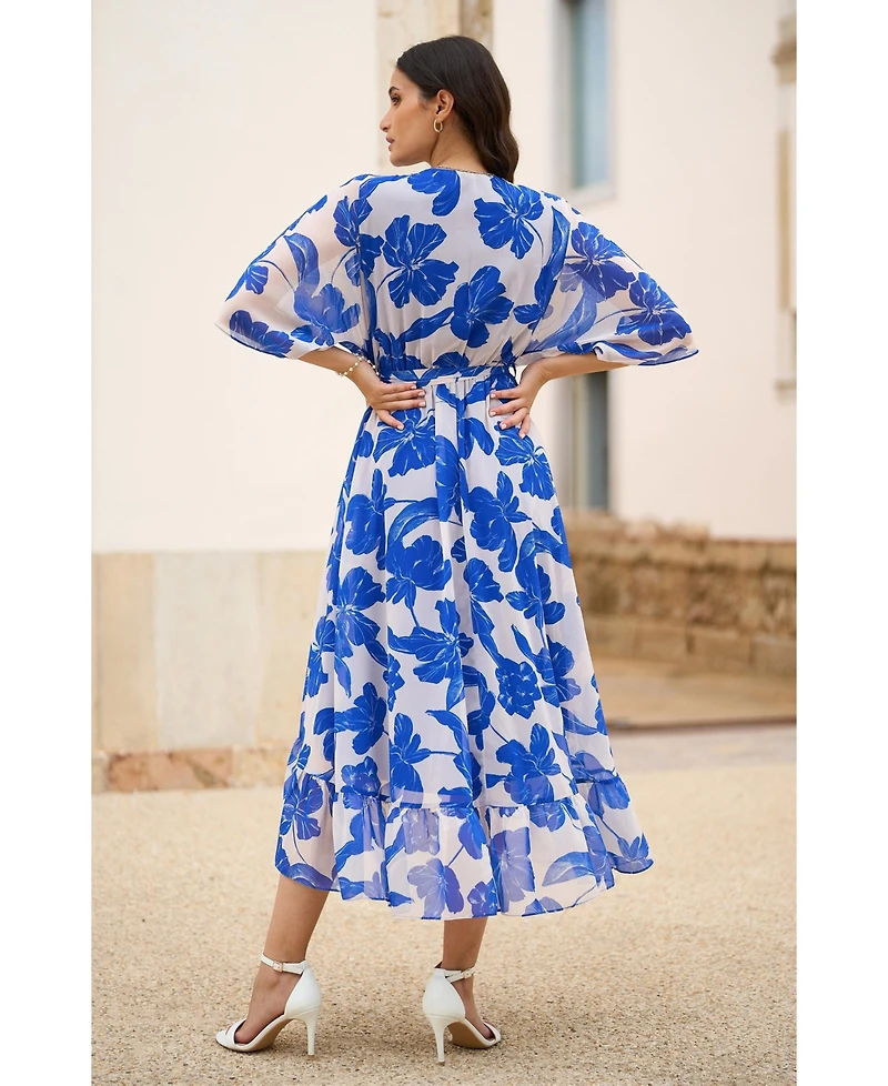 Yumi Women's Kimono Sleeves Midi Dip Hem Wrap Dress