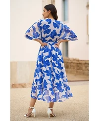 Yumi Women's Kimono Sleeves Midi Dip Hem Wrap Dress