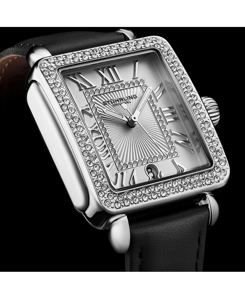 Elegant Women s Rectangular 35×47mm Dress Watch – Model 4060L.1, Silver Case, Black Leather Strap, Crystal Bezel