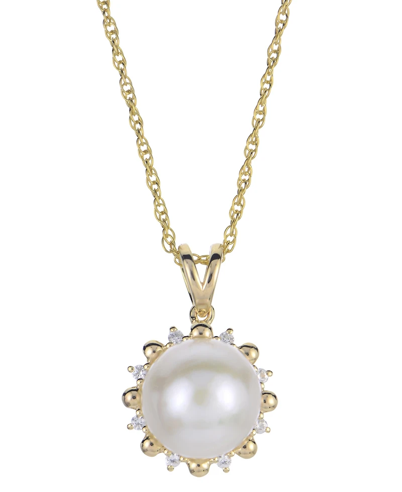 Macy's Cultured Freshwater Pearl (9.5-10mm) and Lab Created White Sapphire Pendant Necklace (0.08 ct. t.w.) in Sterling Silver with 14k Gold Plating
