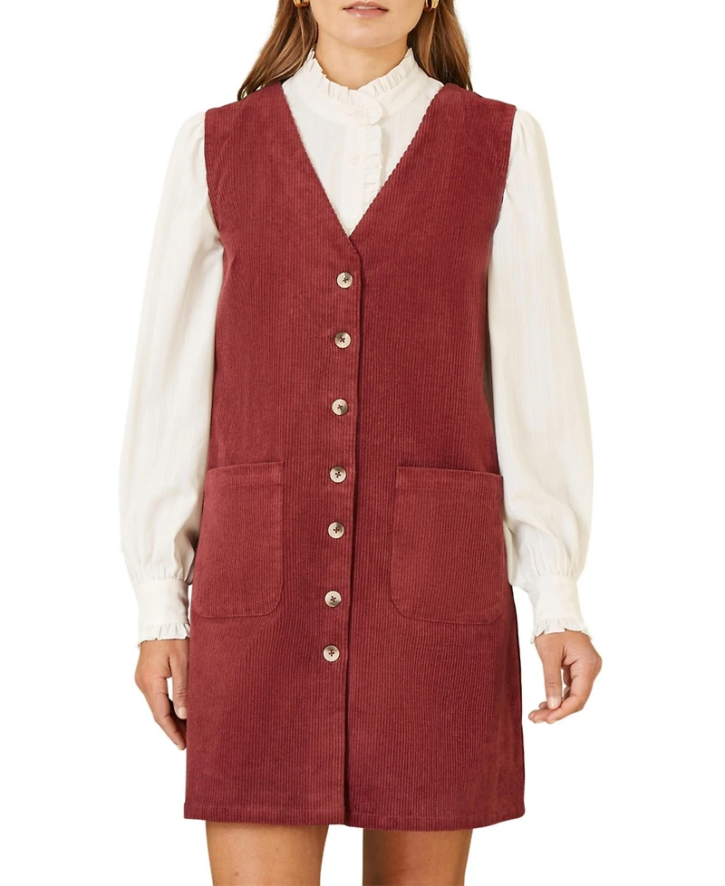 Yumi Women's V-Neck Cord Pinafore Dress
