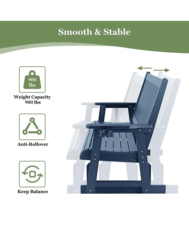 Hips Patio Glider with Cup Holders, Durable Poly Lumber Material, High Backrest and Deep Contoured Seat, Heavy Duty 900 Lb, for Outdoor, Porch, Patio
