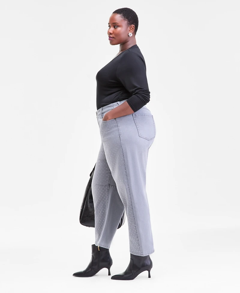 I.n.c. International Concepts Plus High Rise Rhinestone Barrel-Leg Jeans, Macy's Exclusive