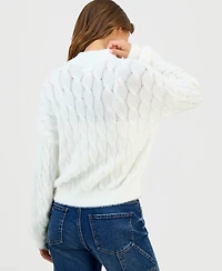 Hippie Rose Juniors' Mock-Neck Eyelash-Cable Knit Sweater