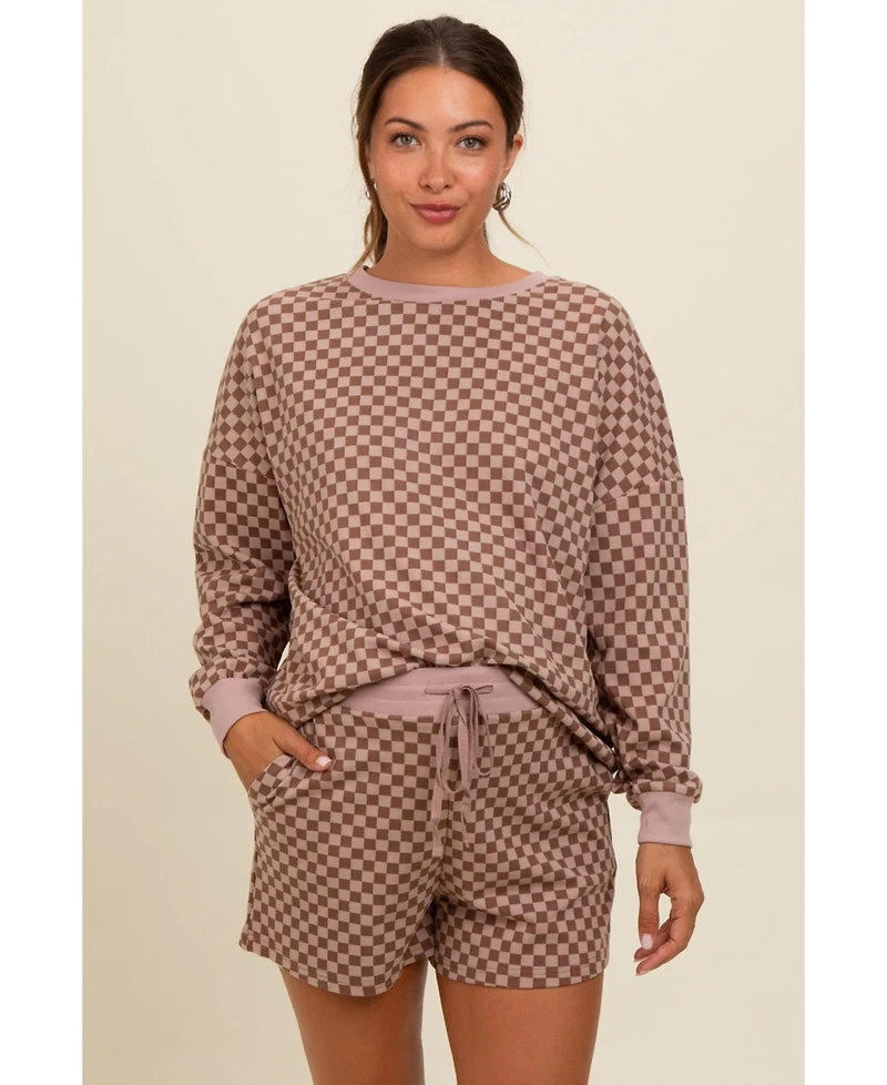 Pinkblush Maternity Mocha Checkered Plaid Pullover Shorts Set