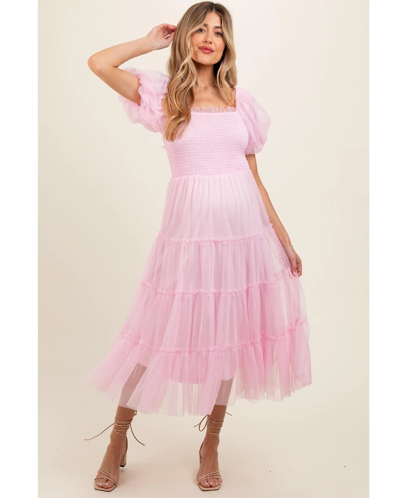 Pinkblush Maternity Light Pink Smocked Tiered Tulle Midi Dress