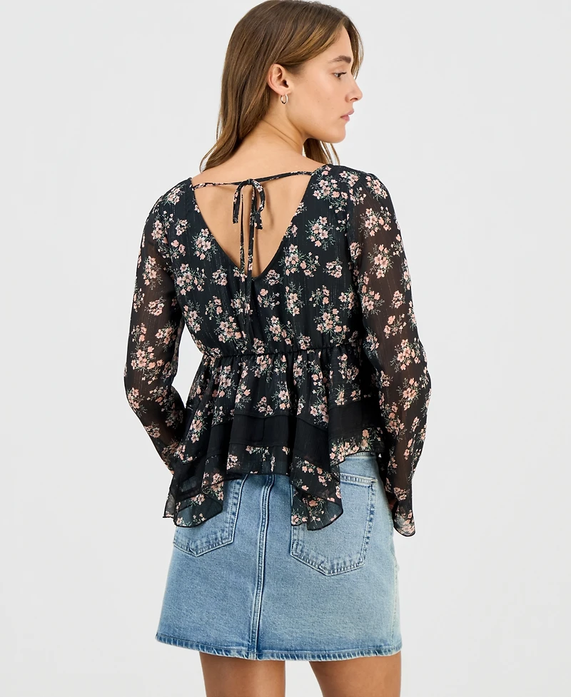 Self Esteem Juniors' Long-Sleeve Hanky-Hem Woven Top